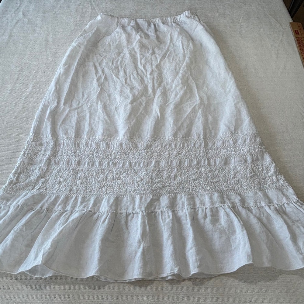 Vintage Johnny Was White 100% Linen Embroidered Ruffle Midi Skirt 12292 Large